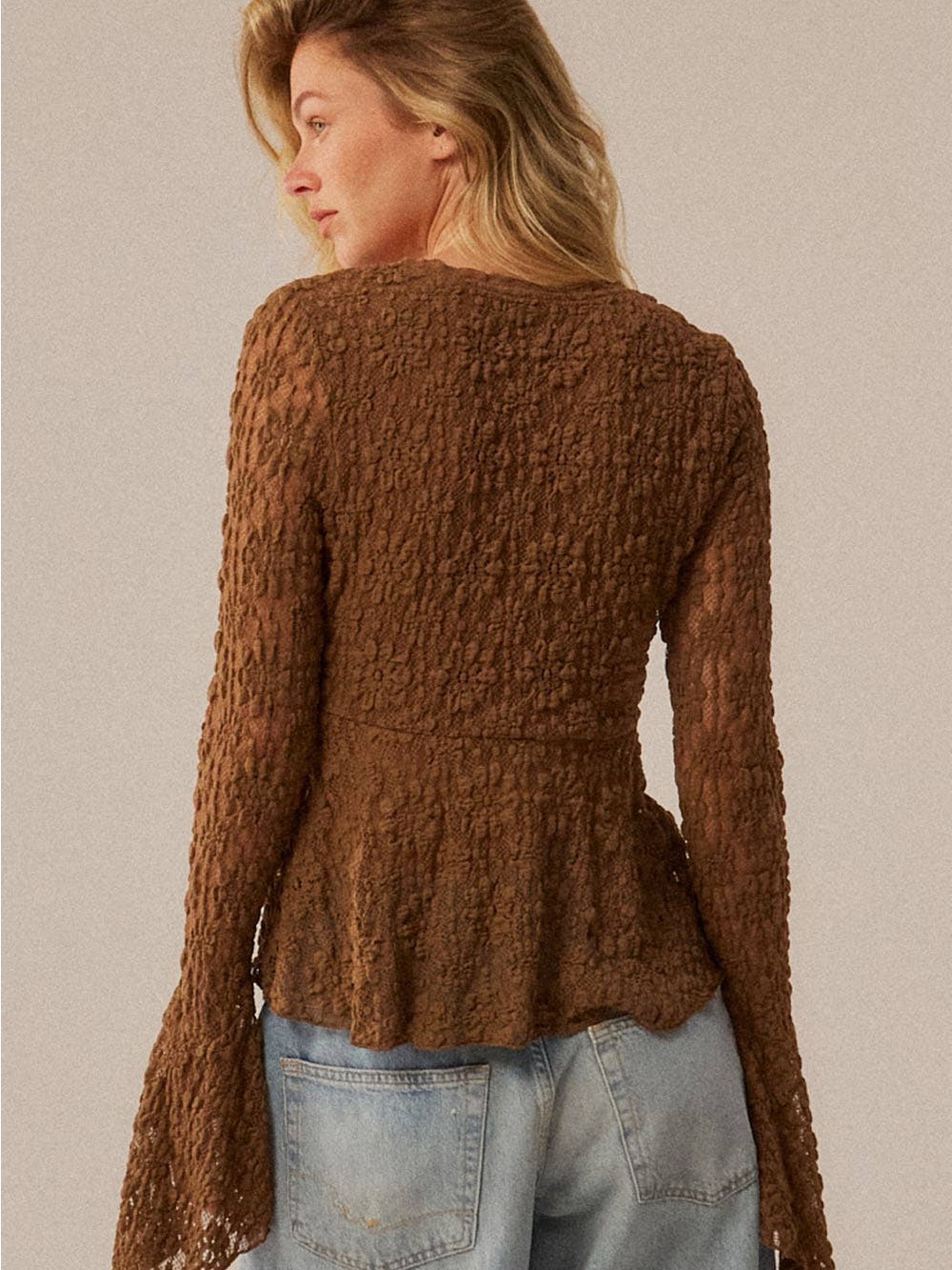 Floral Lace V-Neck Bell-Sleeve Empire-Waist Top | Promesa - Picture 6 of 6
